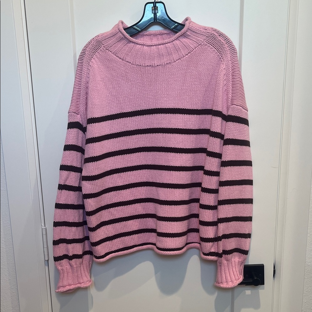 J. Crew Pink and Black Striped Turtleneck Sweater